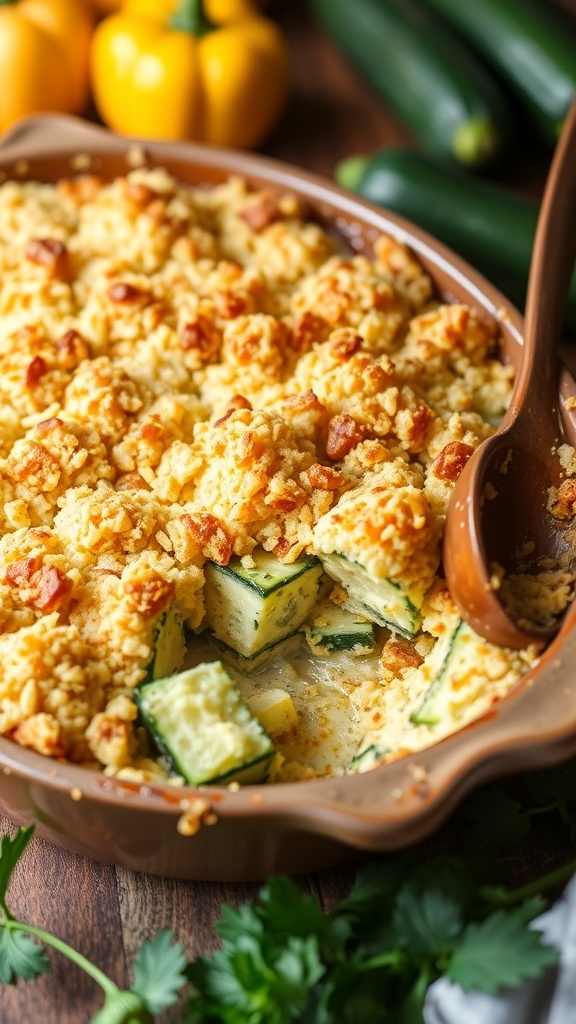 A cheesy zucchini casserole topped with golden stuffing, served in a rustic dish.